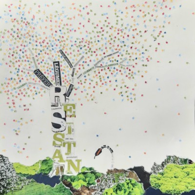 La fable du chêne et du roseau interprétée par l'atelier d'art esquisse de Rambouillet en collage pendant le cours de dessin, cours de peinture, collage. 2021-2022