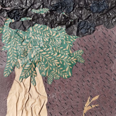 La fable du chêne et du roseau interprétée par l'atelier d'art esquisse de Rambouillet en collage pendant le cours de dessin, cours de peinture, collage. 2021-2022