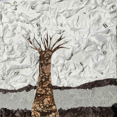 La fable du chêne et du roseau interprétée par l'atelier d'art esquisse de Rambouillet en collage pendant le cours de dessin, cours de peinture, collage. 2021-2022