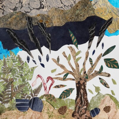 La fable du chêne et du roseau interprétée par l'atelier d'art esquisse de Rambouillet en collage pendant le cours de dessin, cours de peinture, collage. 2021-2022