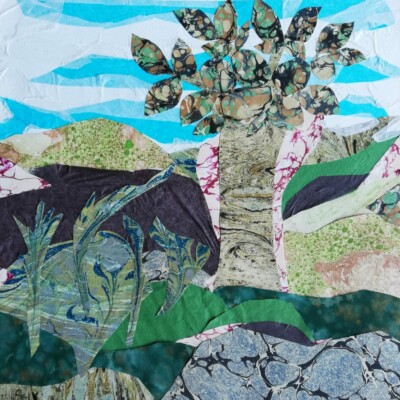 La fable du chêne et du roseau interprétée par l'atelier d'art esquisse de Rambouillet en collage pendant le cours de dessin, cours de peinture, collage. 2021-2022