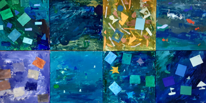 Œuvre collective de peinture, dessin et collage réalisée par l'atelier d'art esquisse de Rambouillet, atelier des enfants