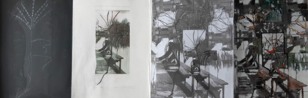 Travaux réalisés par l'atelier d'art esquisse des adultes à Rambouillet , en dessin, peinture et collage sur le thème des Herbes folles.