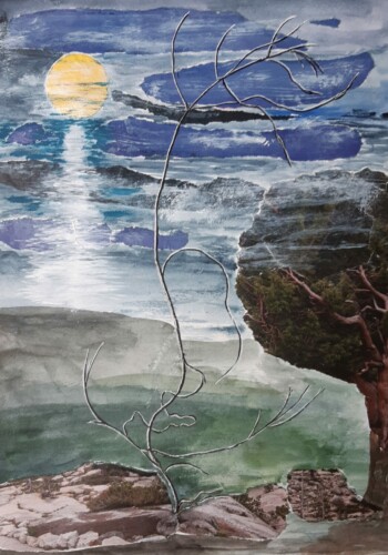 Travaux réalisés par l'atelier d'art esquisse des adultes à Rambouillet , en dessin, peinture et collage sur le thème des Herbes folles.