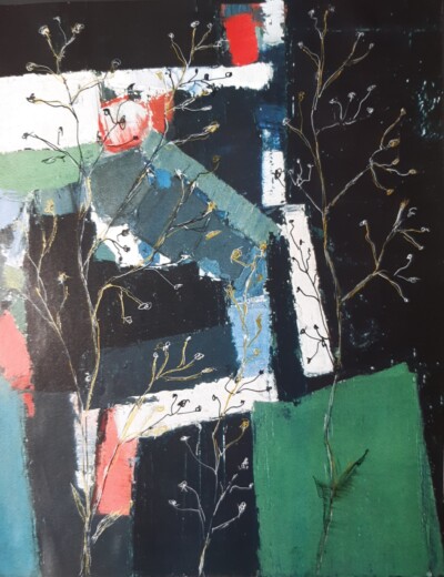 Travaux réalisés par l'atelier d'art esquisse des adultes à Rambouillet , en dessin, peinture et collage sur le thème des Herbes folles.
