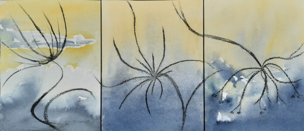 Travaux réalisés par l'atelier d'art esquisse des adultes à Rambouillet , en dessin, peinture et collage sur le thème des Herbes folles.
