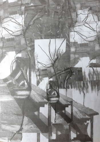 Travaux réalisés par l'atelier d'art esquisse des adultes à Rambouillet , en dessin, peinture et collage sur le thème des Herbes folles.