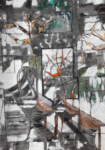 Travaux réalisés par l'atelier d'art esquisse des adultes à Rambouillet , en dessin, peinture et collage sur le thème des Herbes folles.